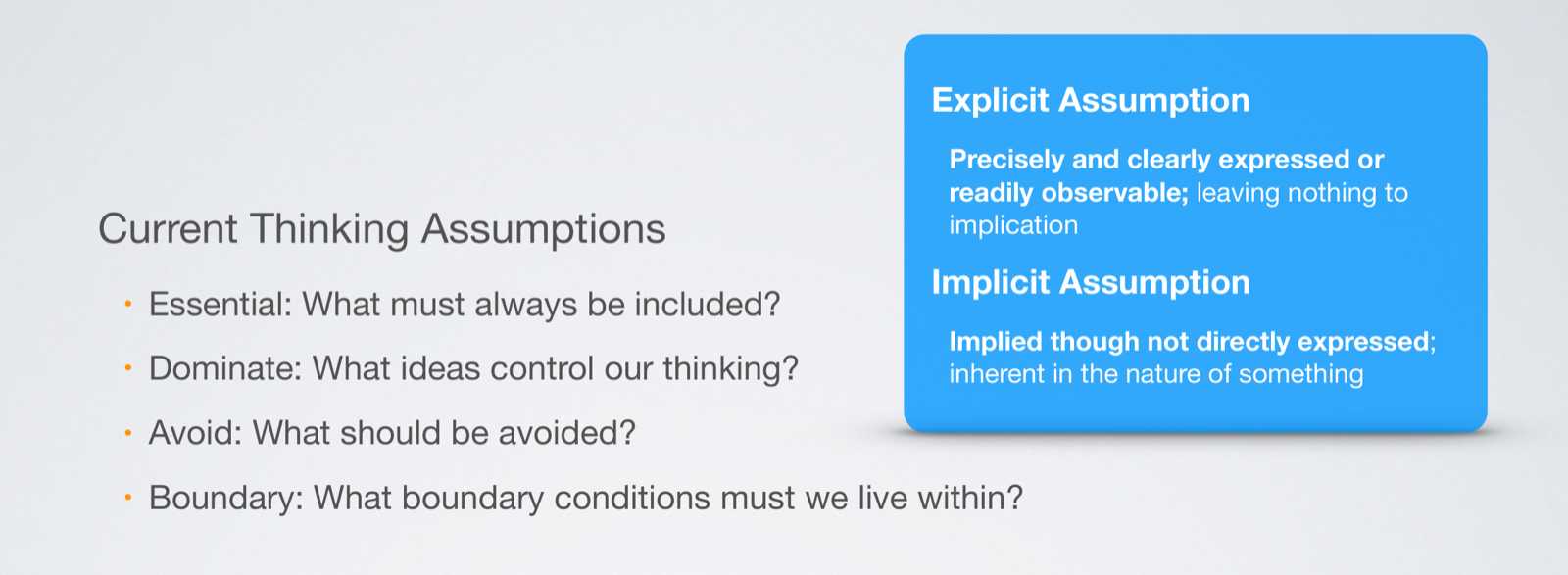 Four prompts for surfacing assumptions: essential, dominate, avoid, boundary; explicit versus implicit assumptions