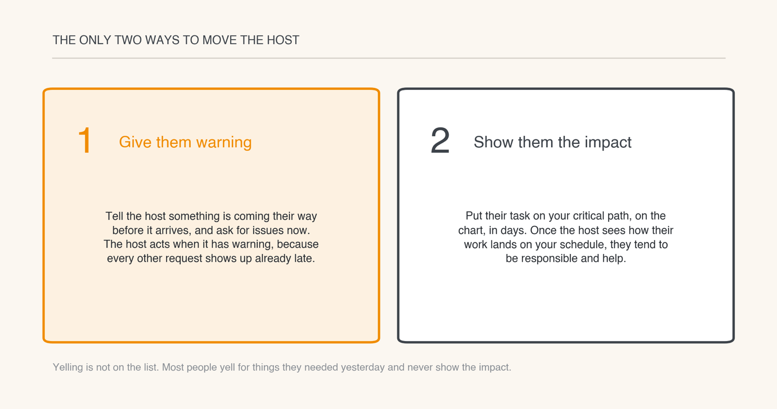 Card showing the two ways to move the host: give them warning, and show them the impact
